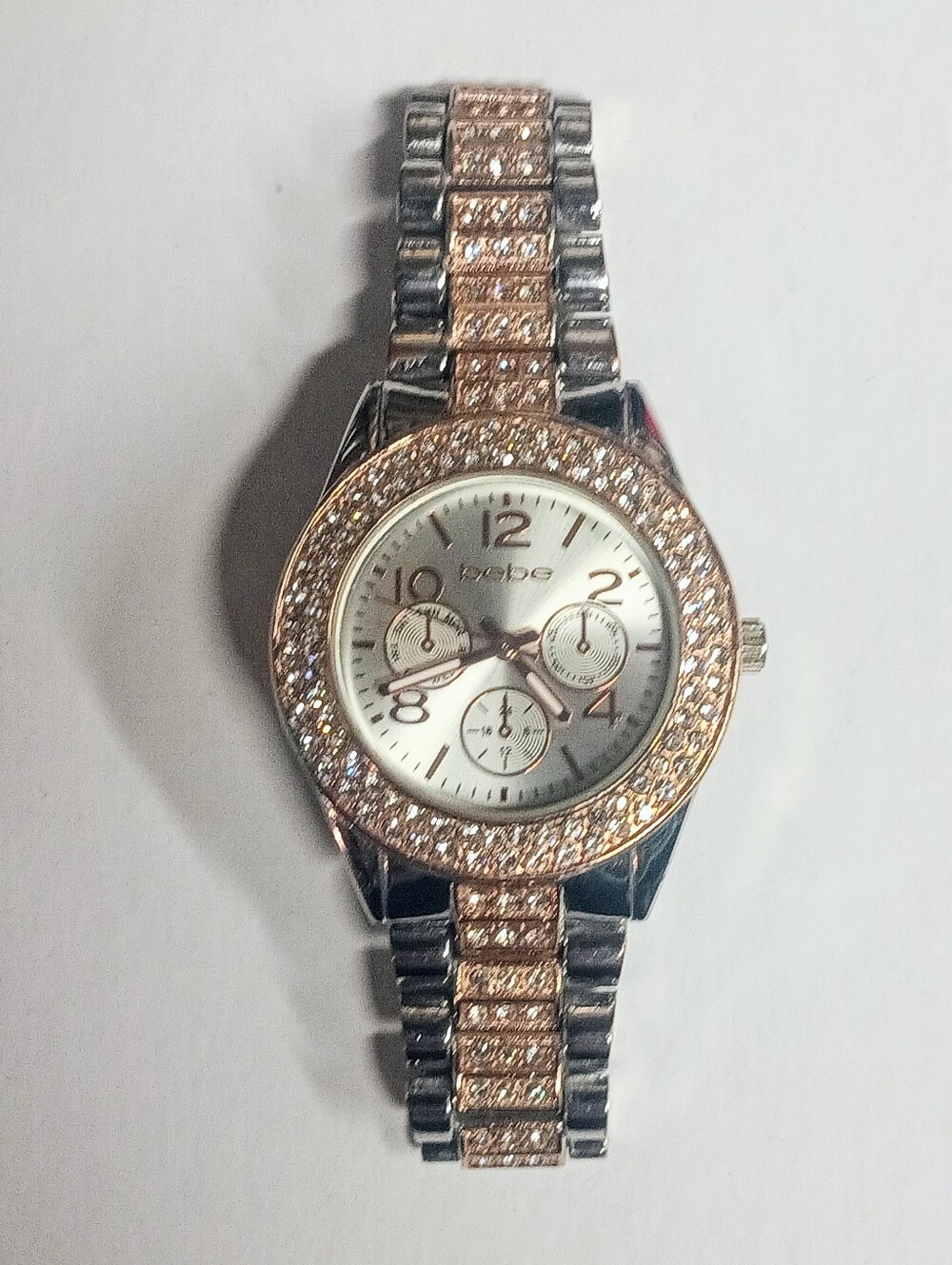 Bebe Womens Crystal Chronograph Watch Two Tone Rose Gold Silver BEB5088 Excellen